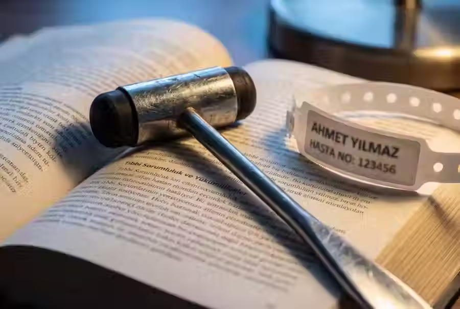 Patient wristband and medical reflex hammer on a law textbook, symbolizing the evidence required for a malpractice lawsuit in Turkey.
