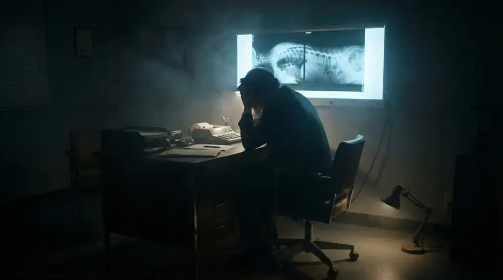 Victim of botched surgery examining a spinal X-ray in despair, representing permanent disability and loss of workforce claims in malpractice litigation