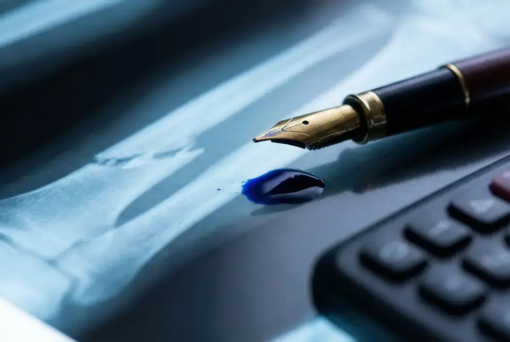 Calculator and legal pen over a bone fracture X-ray, illustrating the calculation of material compensation in Turkish medical malpractice cases