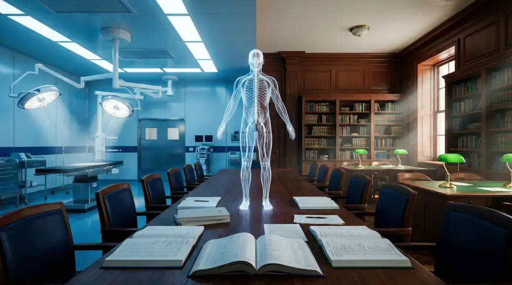 Conceptual illustration merging a hospital operating room and a law library, representing the legal process of medical negligence lawsuits in Turkey.