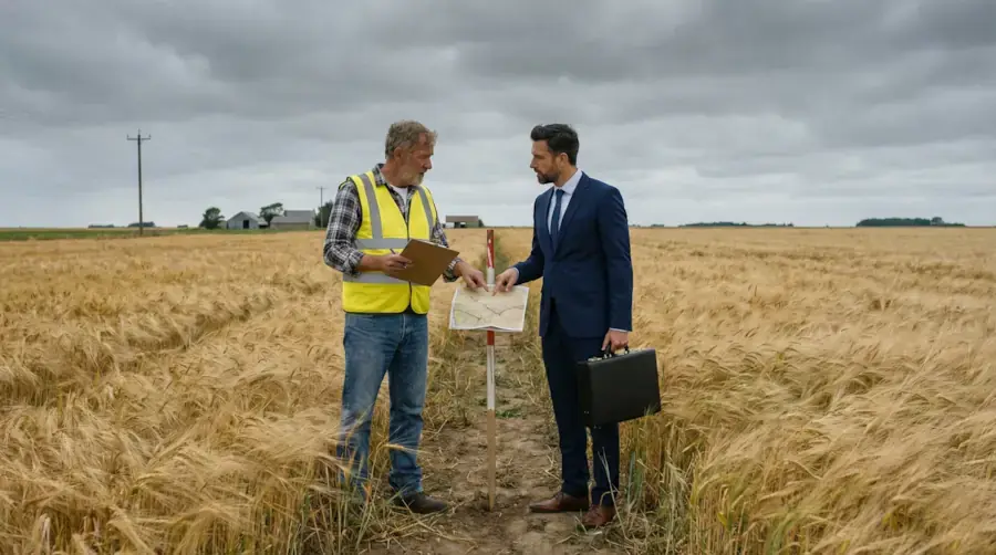 Turkish property lawyer and land possessor examining cadastral map in a wheat field for a Deed Registration Lawsuit.