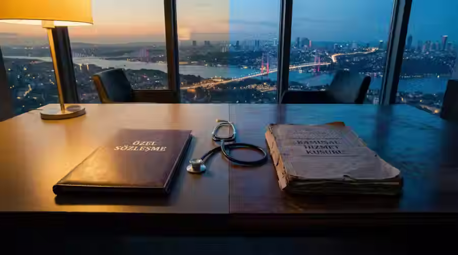 Legal desk in Istanbul illustrating the difference between Private Hospital Contract liability and Public Service Fault in Turkish medical malpractice law.