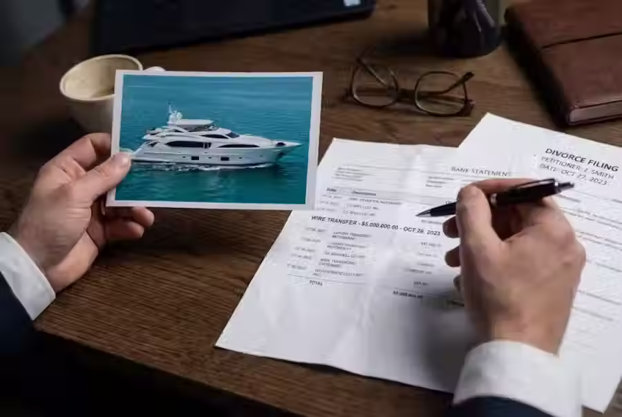 Lawyer examining bank statements showing offshore transfers and a yacht photo, illustrating "mal kaçırma" and asset hiding tactics in a Turkish divorce filing.