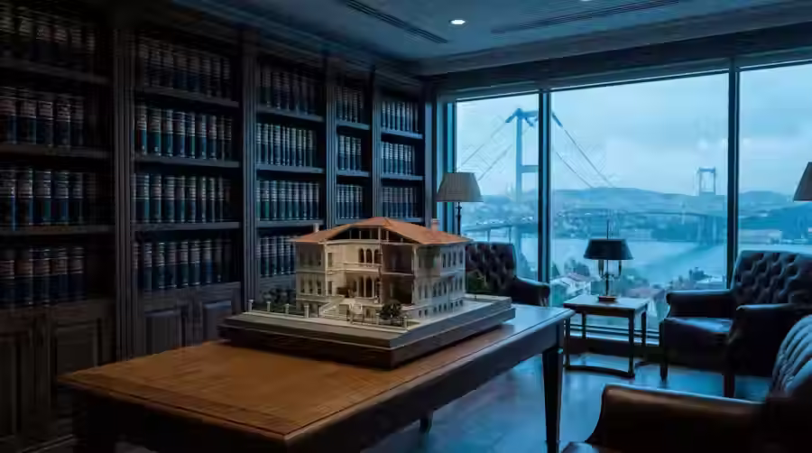 Architectural model of a waterfront mansion in an office overlooking the Bosphorus