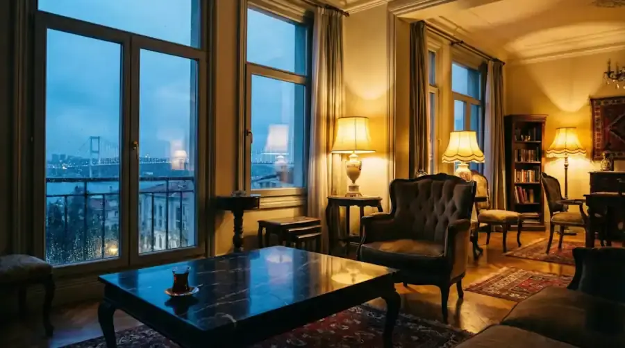 Luxury apartment interior in Istanbul overlooking the Bosphorus bridge, representing marital home and personal property disputes in divorce cases.