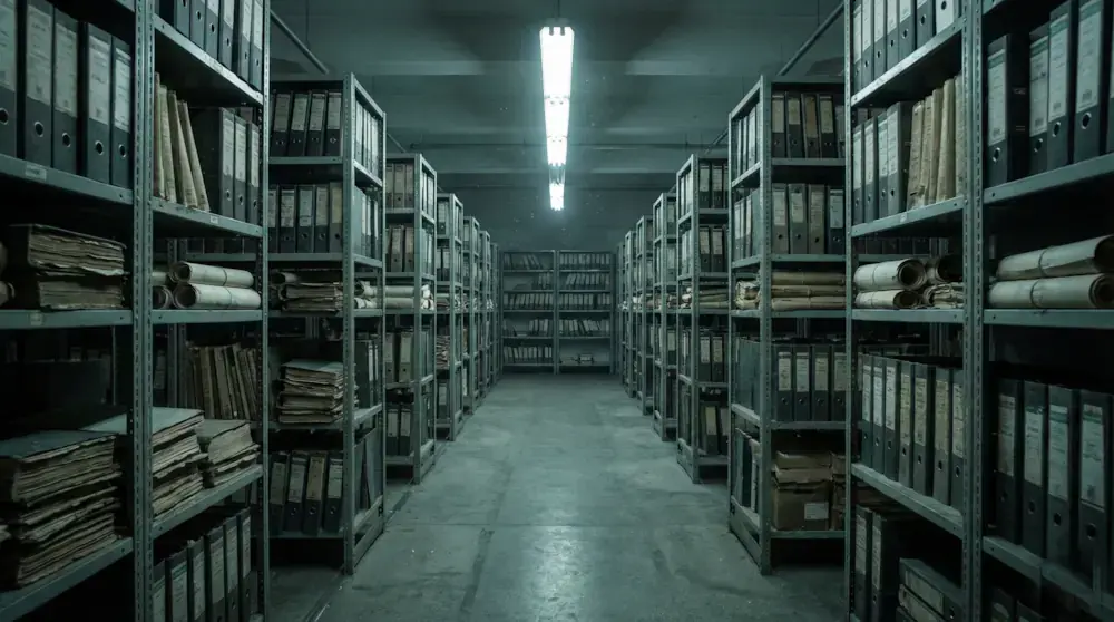 Dusty archive shelves containing historical land registry records (Tapu) and title deed files used as evidence in Turkish property litigation cases.