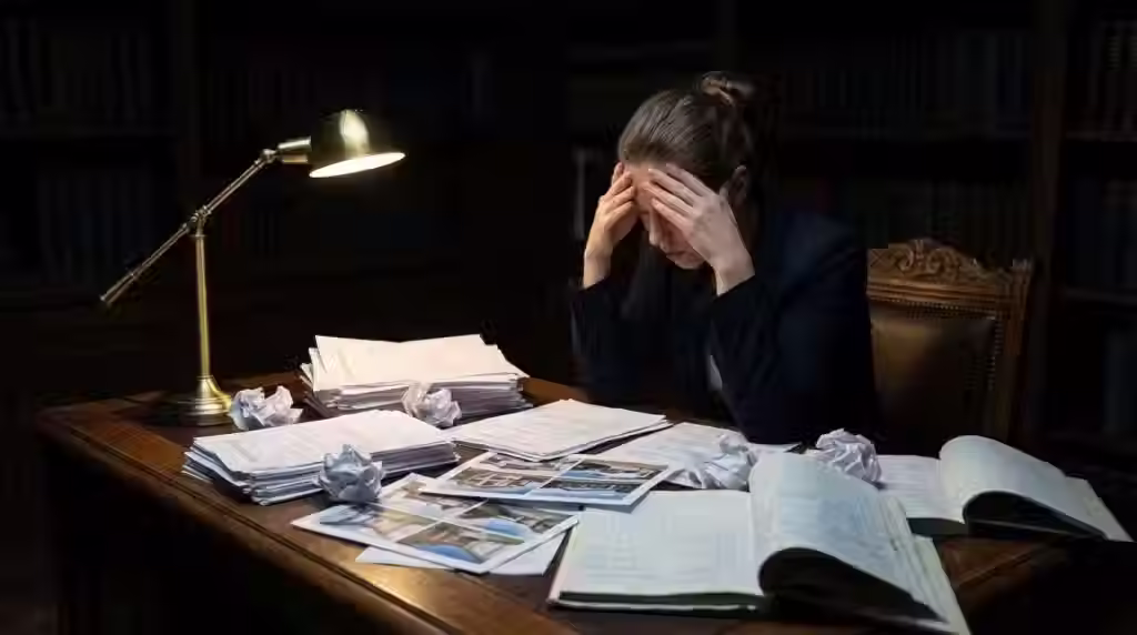 Stressed client reviewing complex real estate documents and financial records late at night during a difficult Turkish divorce property division investigation.