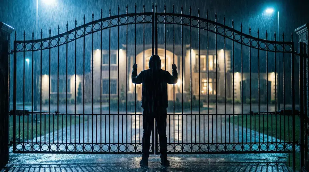 A silhouette of a person standing outside a gated luxury property in Istanbul, symbolizing a victim of real estate fraud and lost property rights in Turkey.