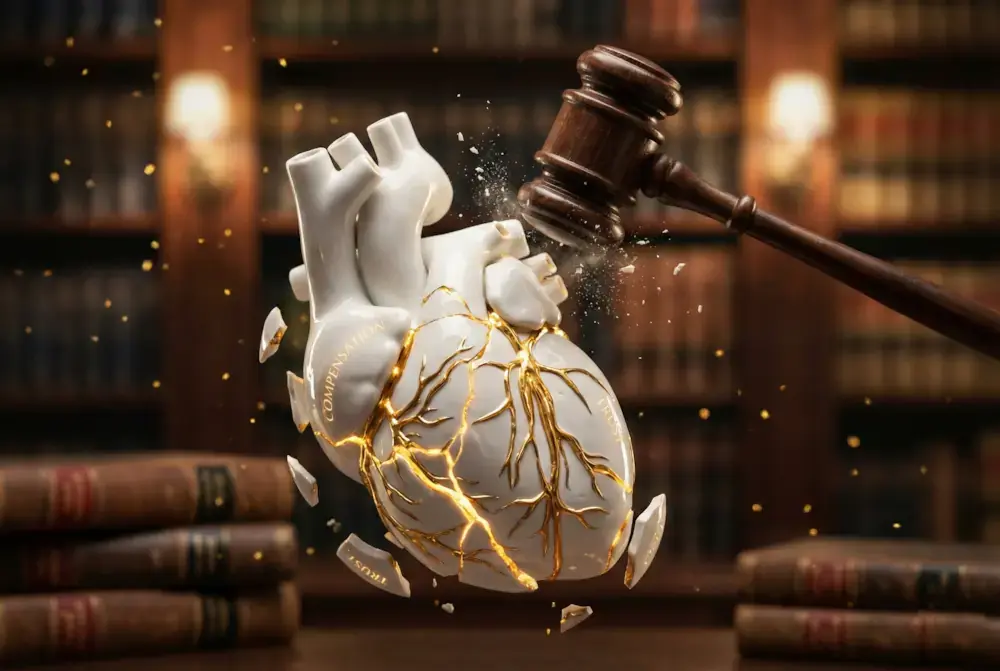 Judge's gavel striking a repaired ceramic heart, symbolizing moral compensation regarding pain, suffering, and emotional distress in Turkish law