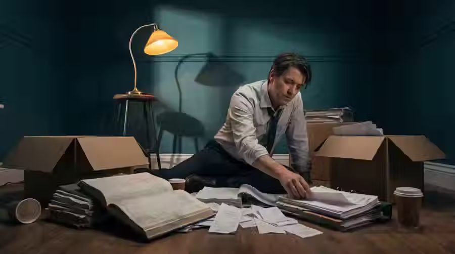 A divorcing couple separating assets in a room filled with boxes marked with years like 1998 and 2005, illustrating the timeline of acquired property in a Turkish divorce case.