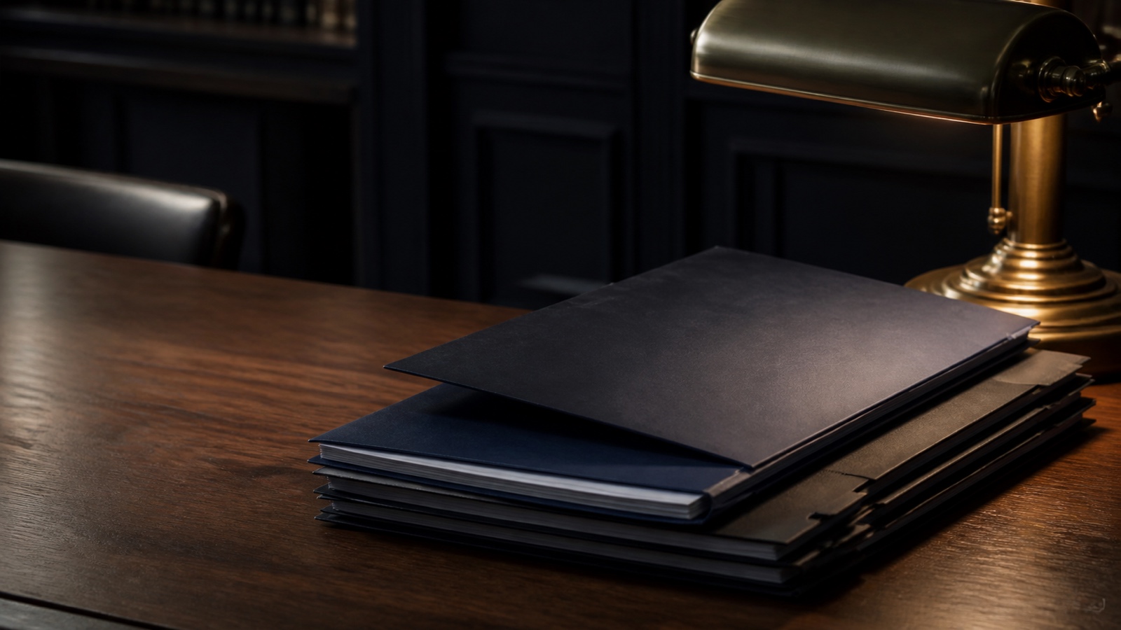 A layered stack of corporate folders under a banker's lamp, one pulled slightly proud of the rest