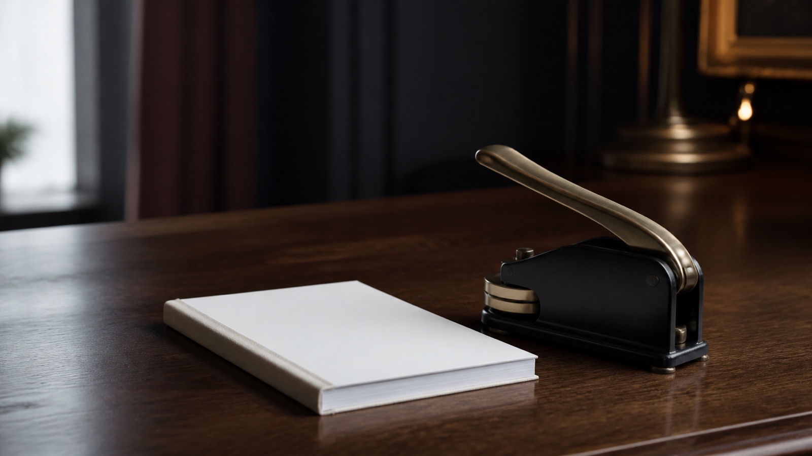 A notarial seal press and a bound articles-of-association booklet on a desk