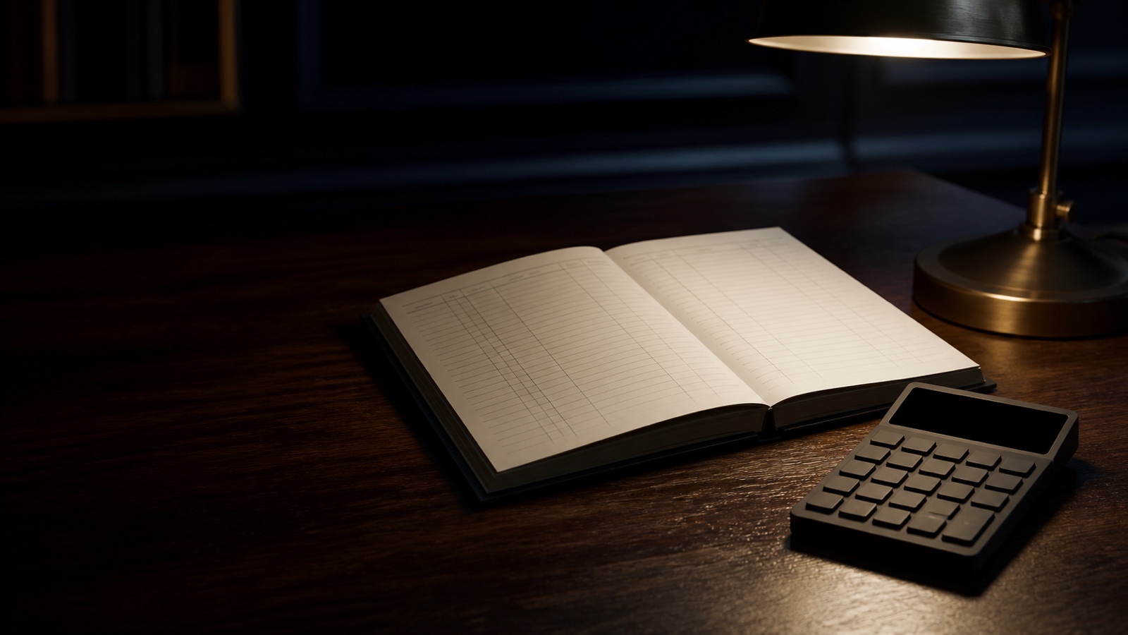 A ledger and a calculator under a low desk lamp, columns of figures in shadow