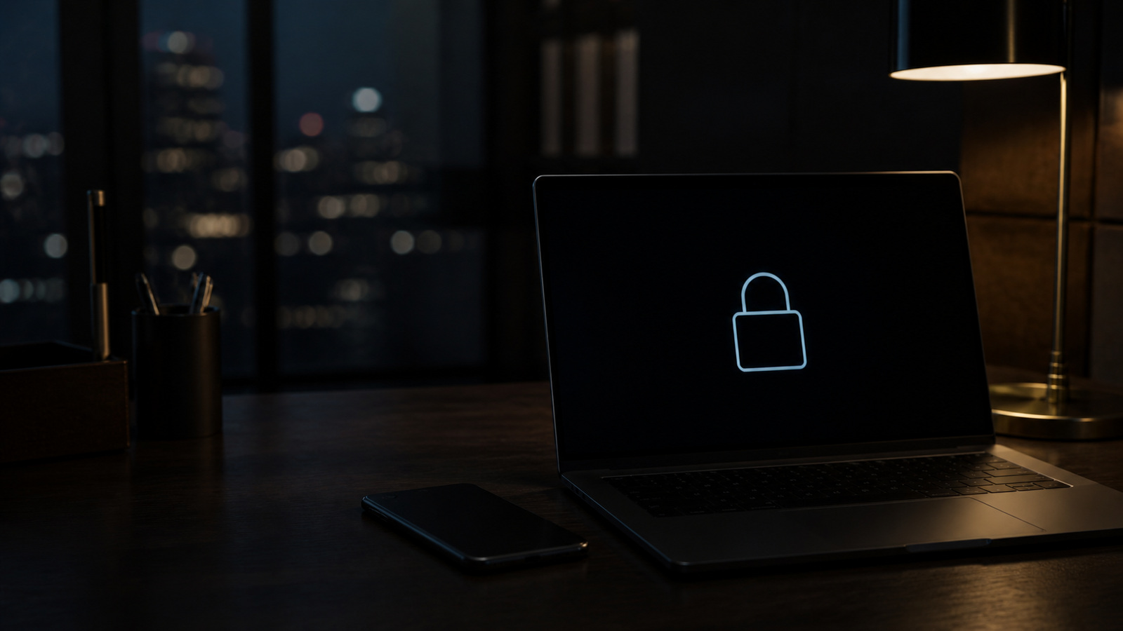 A darkened desk with a phone lying face down and a laptop showing only a lock glyph