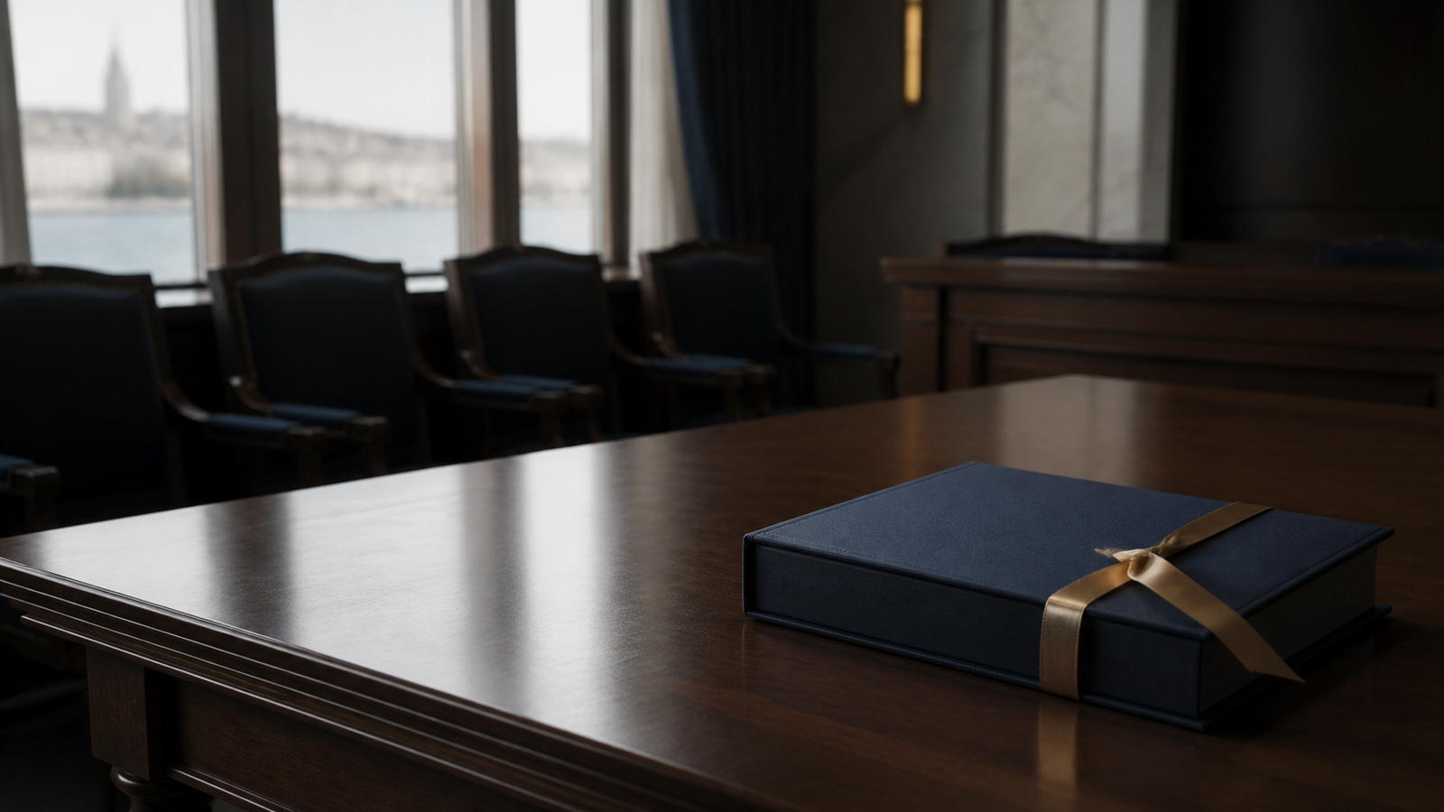 An arbitral award binder closed with a ribbon on an empty hearing-room table