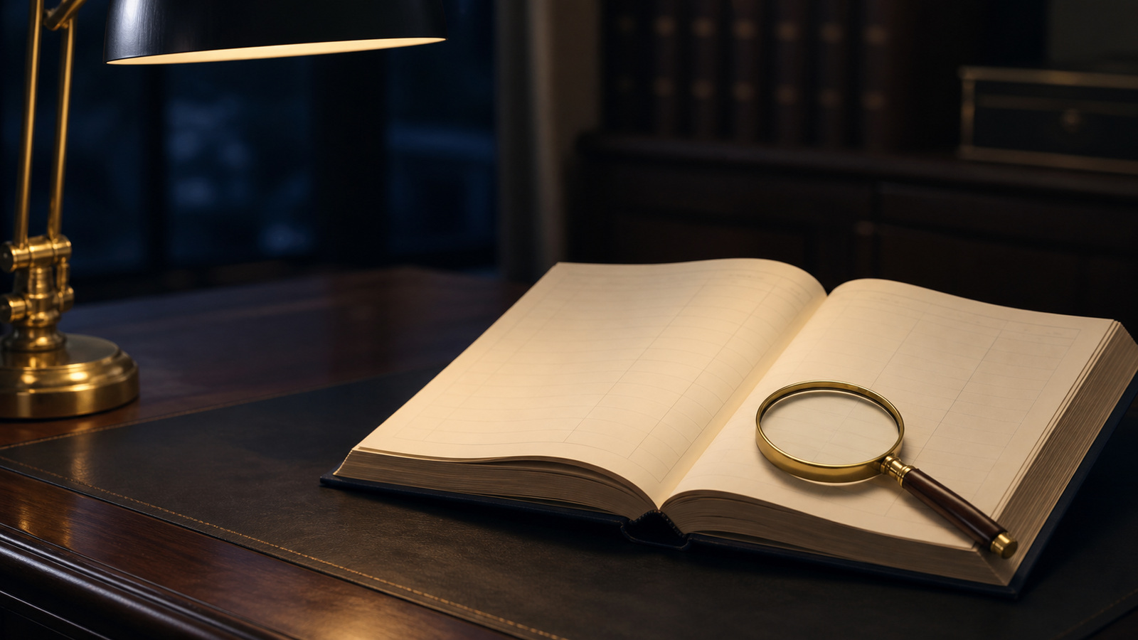 A transaction ledger under a desk lamp with a magnifier resting on the page
