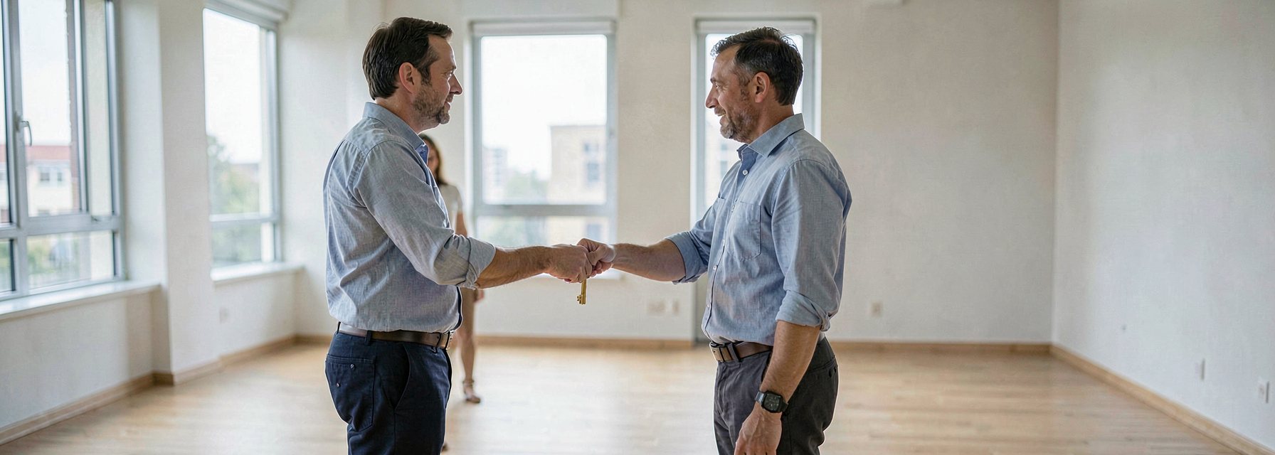 Wide view of a bright empty apartment with large windows and a light wooden floor, where one adult in smart casual clothes hands a plain brass key to another adult while a third adult stands beside them, seen at mid distance