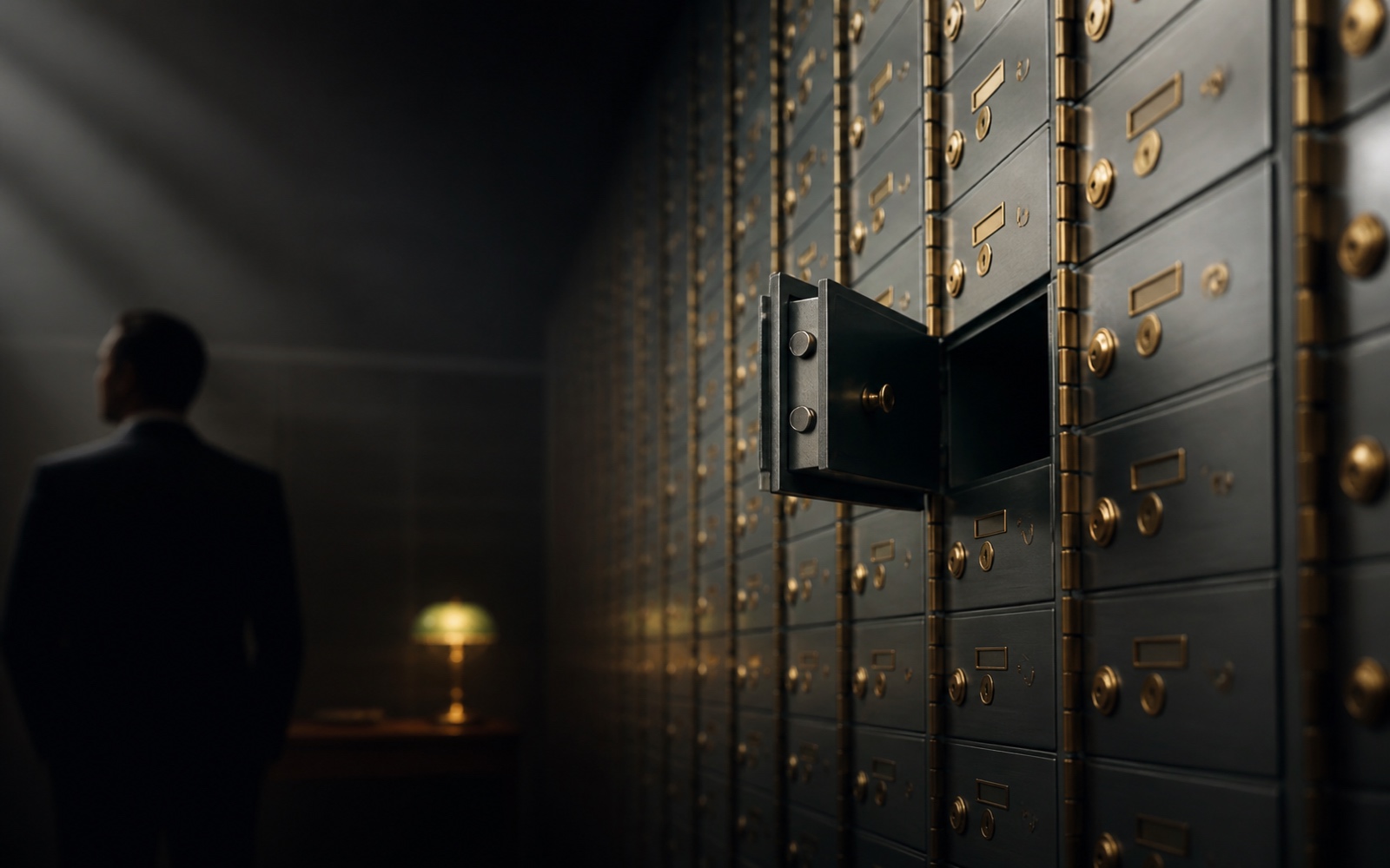 A row of numbered deposit boxes in a vault wall, one door ajar