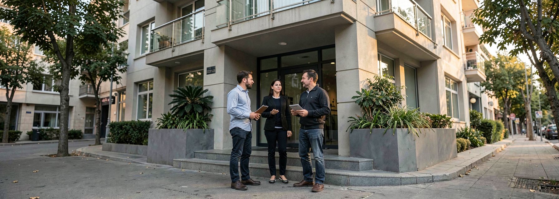 Three residents in everyday clothes talking on the front steps of a modern mid-rise apartment building in Istanbul, one holding a folder, warm late-afternoon light