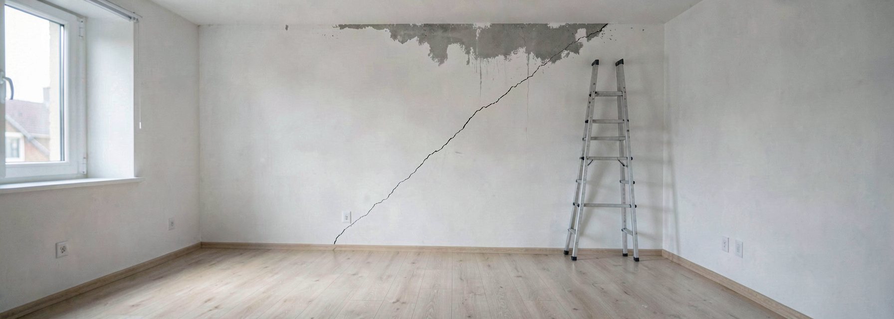 Wide view of an empty, newly finished apartment living room with a long diagonal crack across a white plaster wall, a damp stain in the ceiling corner and a closed aluminium folding ladder leaning against the wall
