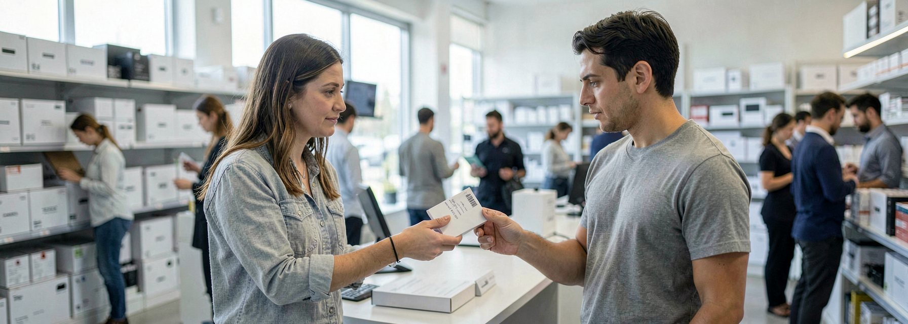 A woman in casual clothes at the returns counter of a bright electronics store in Istanbul showing a boxed device and a receipt to a shop assistant, other customers browsing in the background