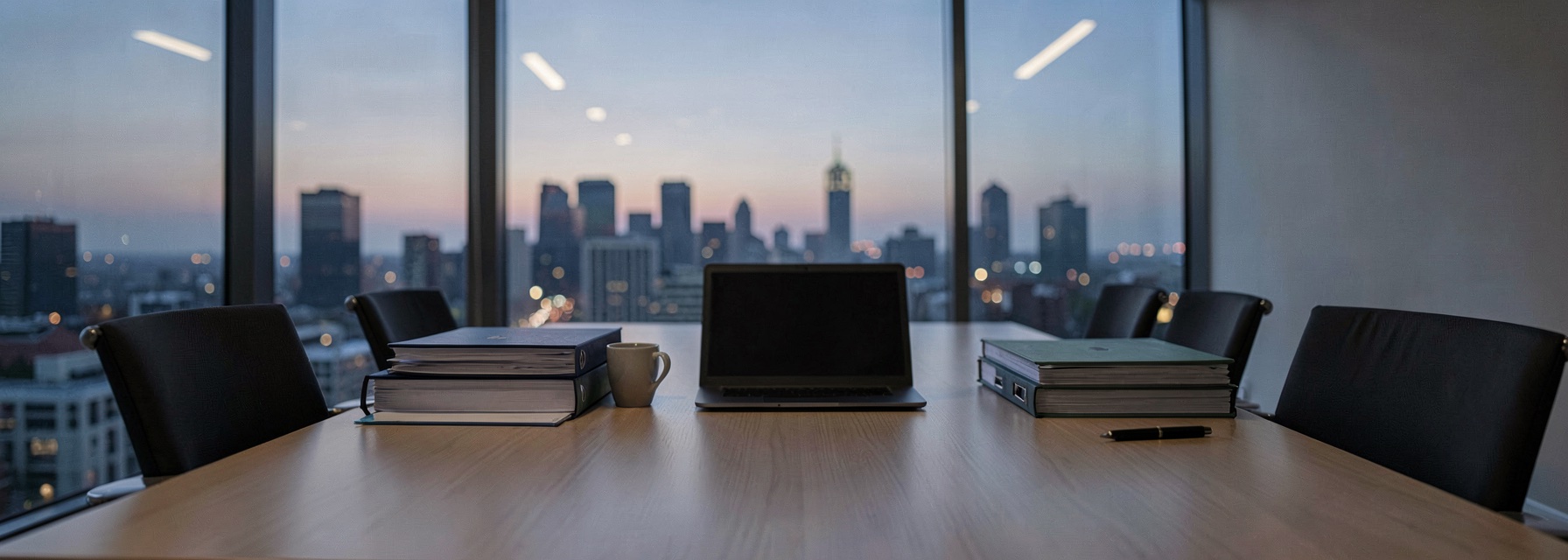 A meeting room table with closed binders, a closed laptop and a coffee cup before a city skyline at dusk