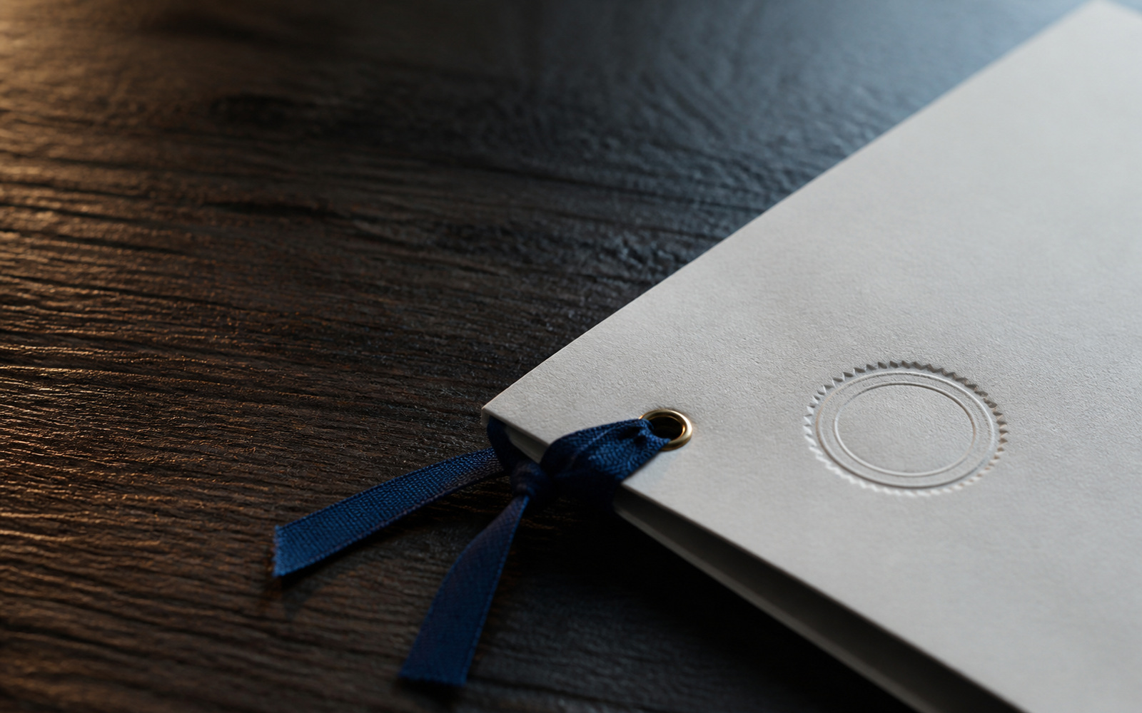 Corner of a bound paper file with an embossed seal, knotted ribbon and metal grommet