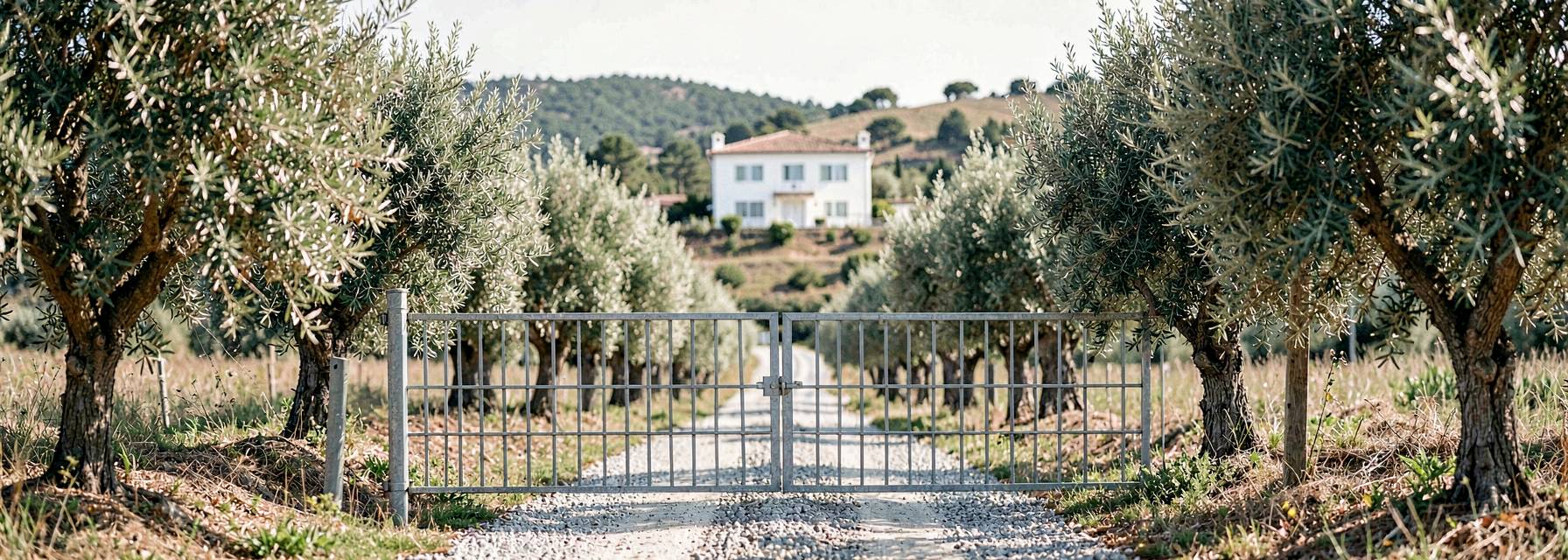 A gravel lane lined with olive trees leads uphill to a white two-storey villa with a terracotta tile roof; a closed galvanised grey metal double farm gate spans the lane in the foreground