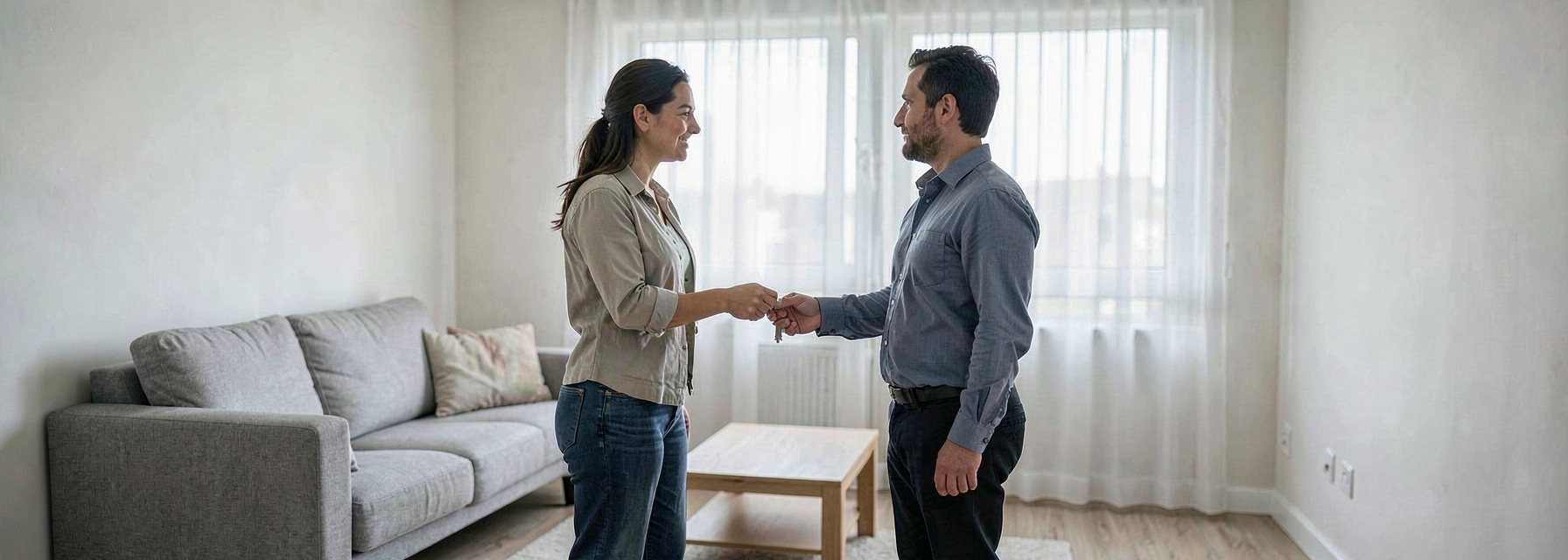 Wide centred view of a bright furnished apartment living room where two adults in casual clothes stand together and one hands a single key to the other