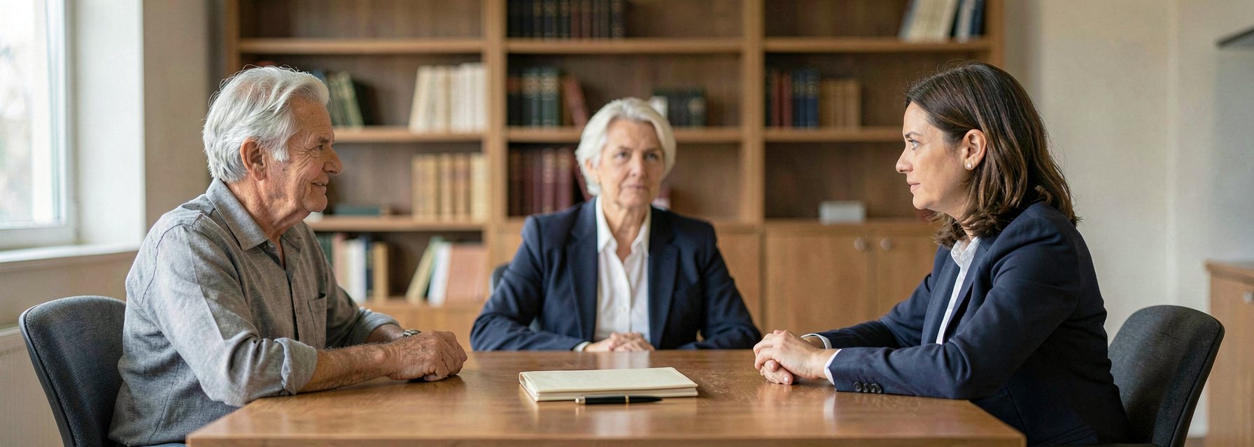 A calm private law office in warm light where a senior couple in their sixties sit at a wooden table with a female lawyer in a navy suit, with a closed cream folder and a capped fountain pen on the desk and bookshelves blurred behind