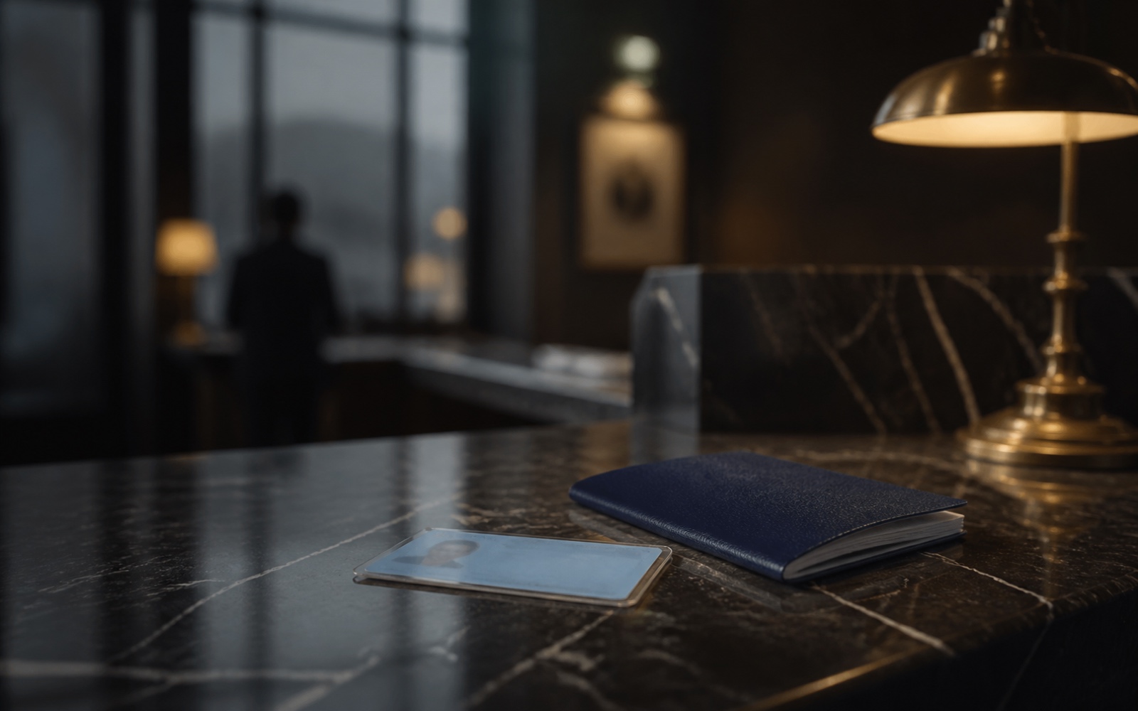 A blue identity card in a sleeve on a counter beside a closed foreign passport