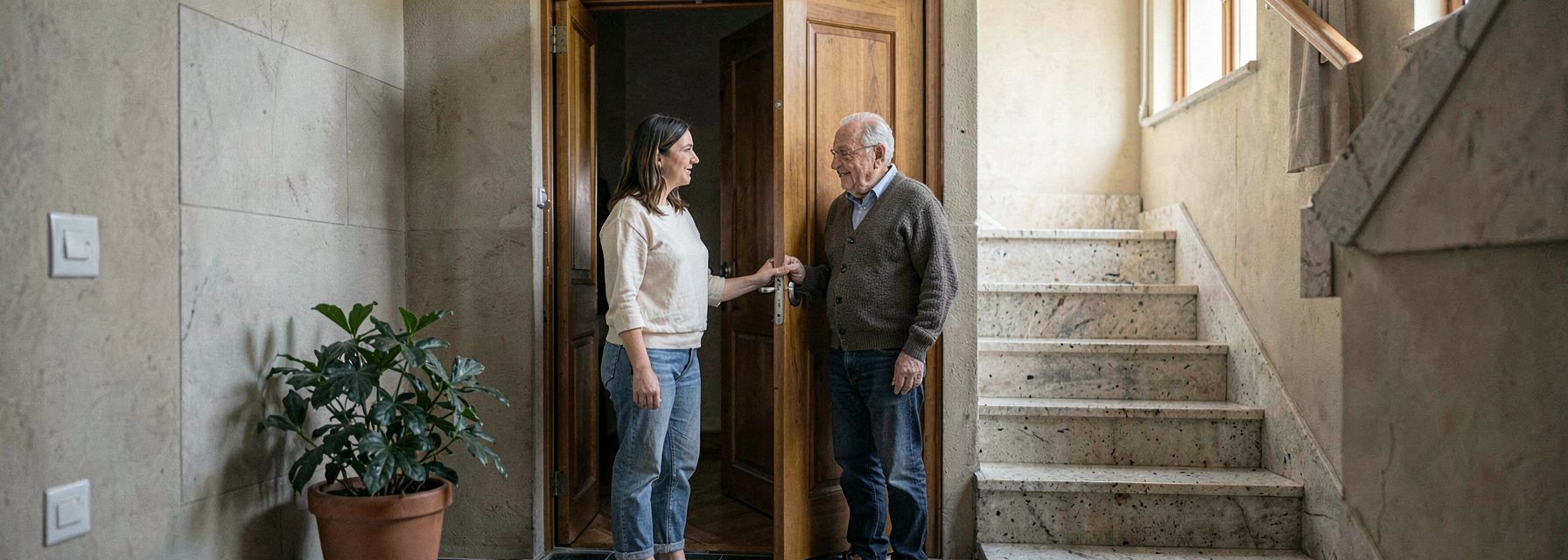 A foreign woman in plain casual clothes talking politely with an older Turkish man in a plain cardigan who holds open his wooden front door on the clean stone stairwell landing of an Istanbul apartment building, with warm evening light from the stairwell window and a potted plant beside the door