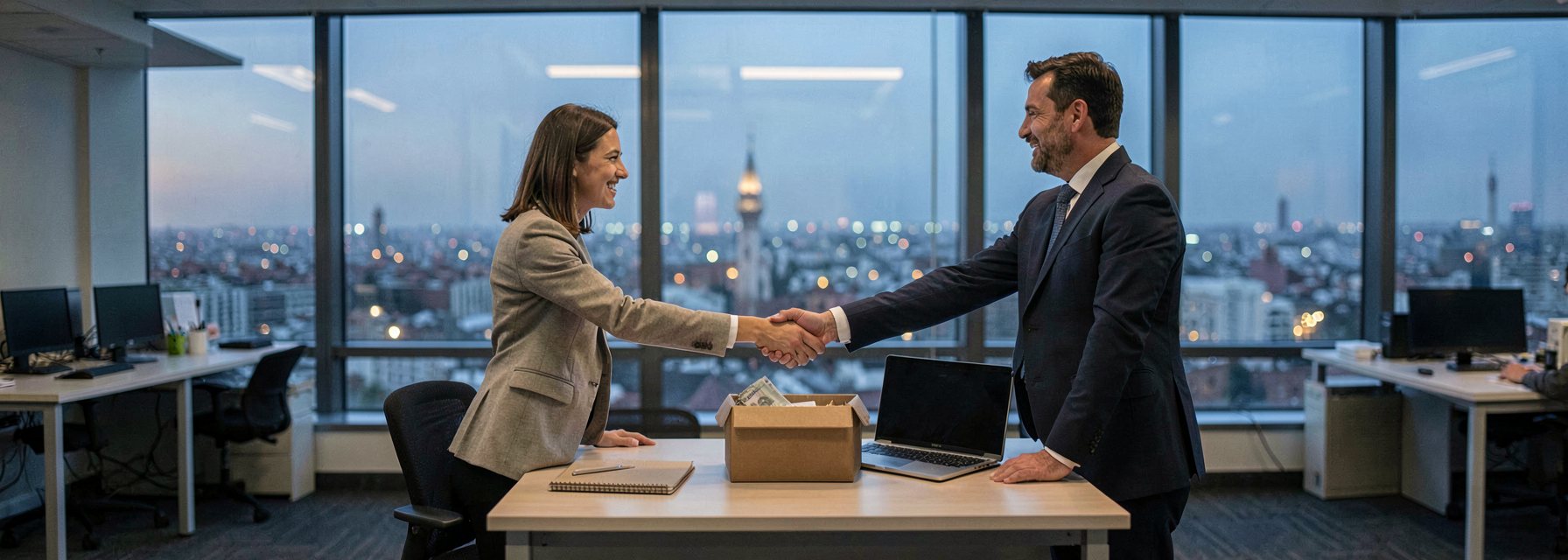 Departing employee shaking hands with a manager across a desk in a modern Istanbul office at dusk while an employment lawyer looks on, a box of personal belongings on the desk