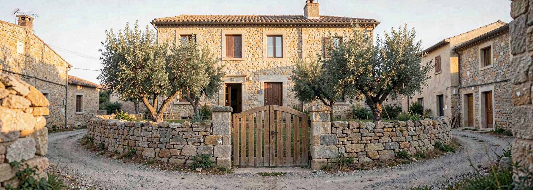 Wide view of a two-storey old stone house with a wooden gate and an olive garden in front, in late-afternoon light, seen from a quiet village lane with nobody in the frame