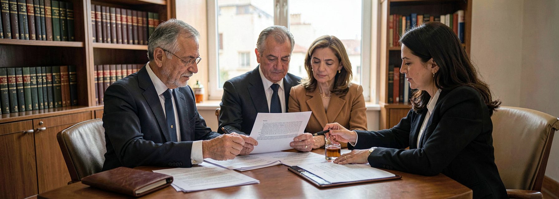 Foreign businessman reading a guarantee clause with his lawyer and his spouse at a desk in an Istanbul law office, a loan agreement and a pen in front of them