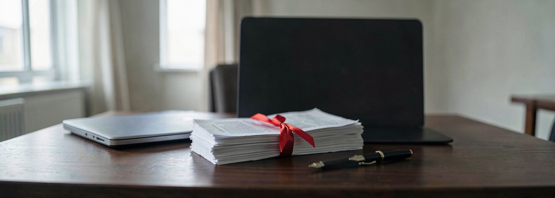 A thick bundle of papers tied with a red ribbon on a desk beside a closed laptop and a fountain pen