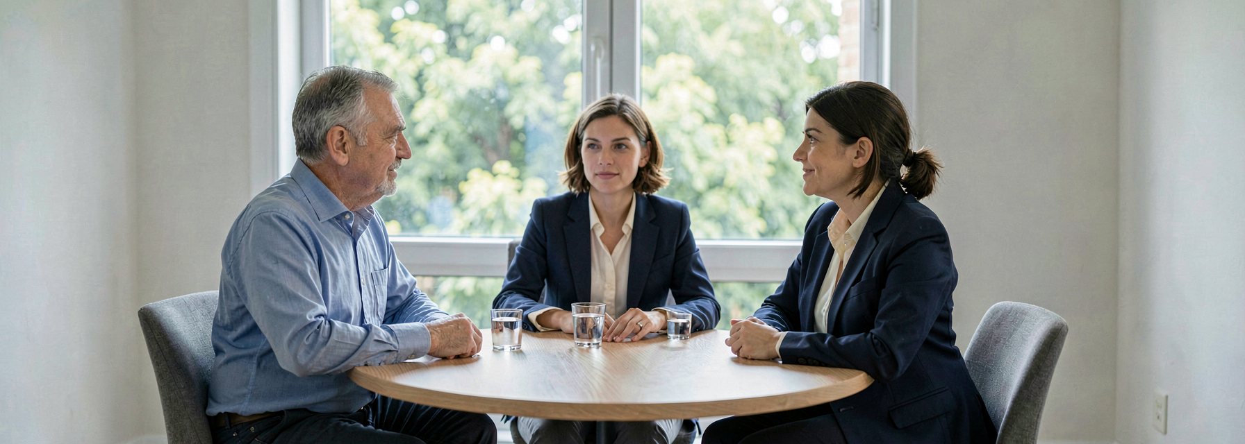 Three people sit at a round light wooden table in a bright, plainly furnished Istanbul apartment living room: a middle-aged man in a plain blue shirt, a younger woman in a plain cream blouse and, between them, a female lawyer in a navy suit, in calm conversation, with three glasses of water on the table and soft blurred greenery beyond a large window