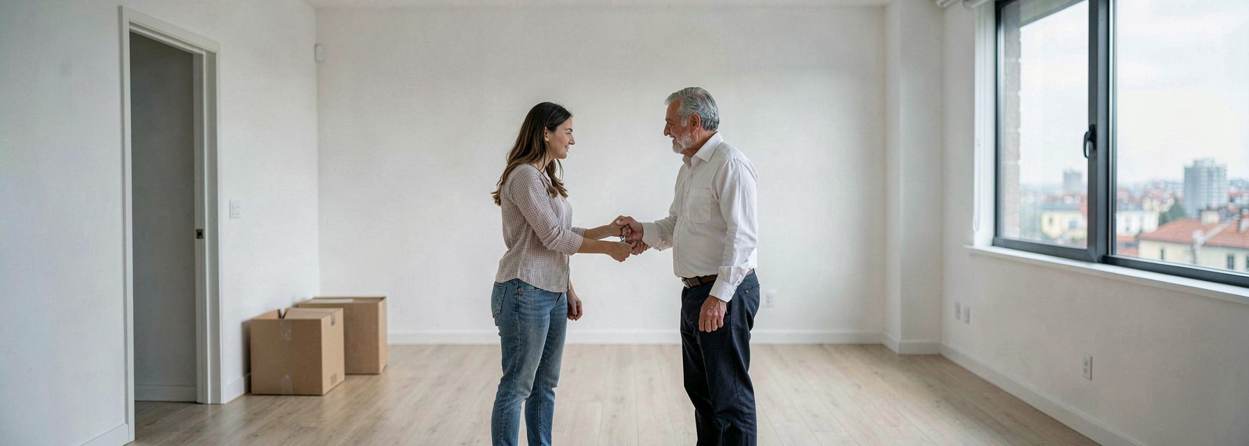 A young woman handing a set of keys to a middle-aged man in a plain shirt in an empty, freshly cleaned Istanbul flat with white walls, a few plain cardboard boxes by the door and blurred rooftops through the window