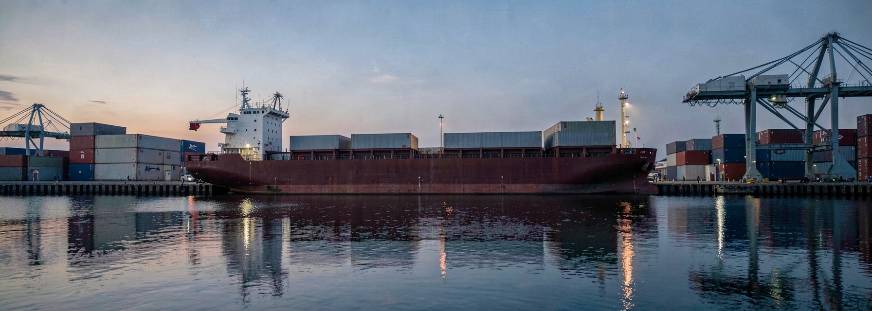 A cargo ship with a plain dark red hull moored at a container port at dusk