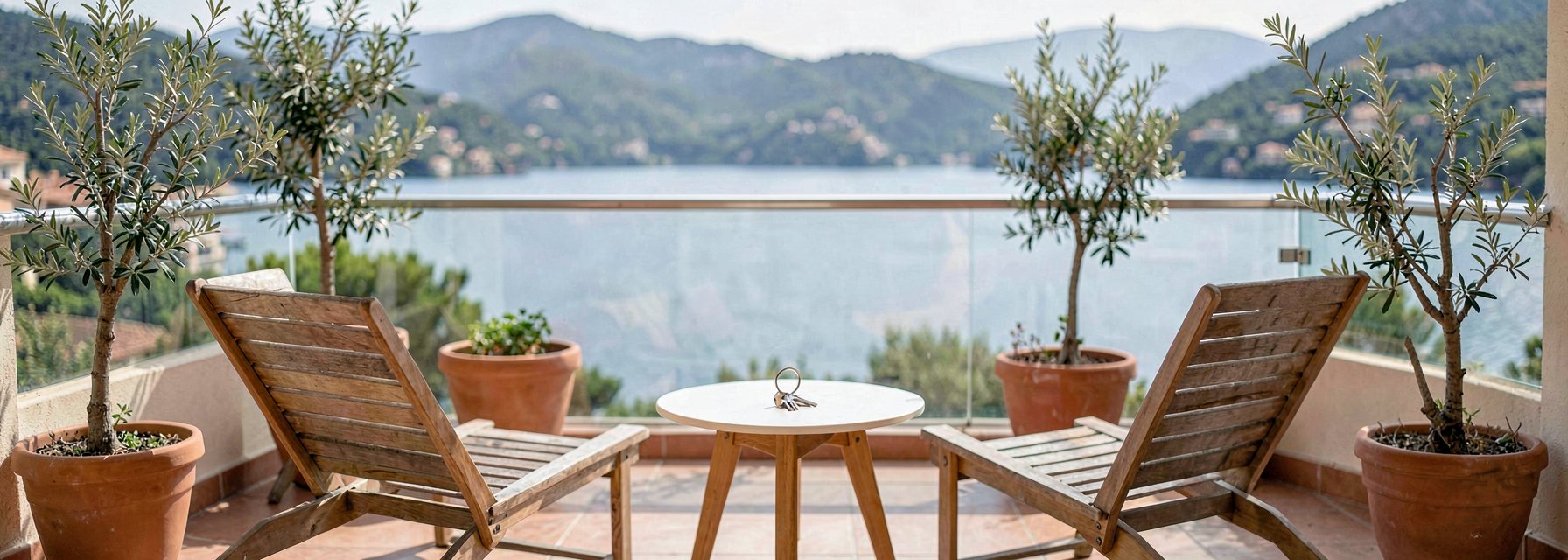 A sunlit Mediterranean apartment balcony with two empty lounge chairs, potted olive trees and a small round table holding a set of keys, with the sea and hills softly in the background