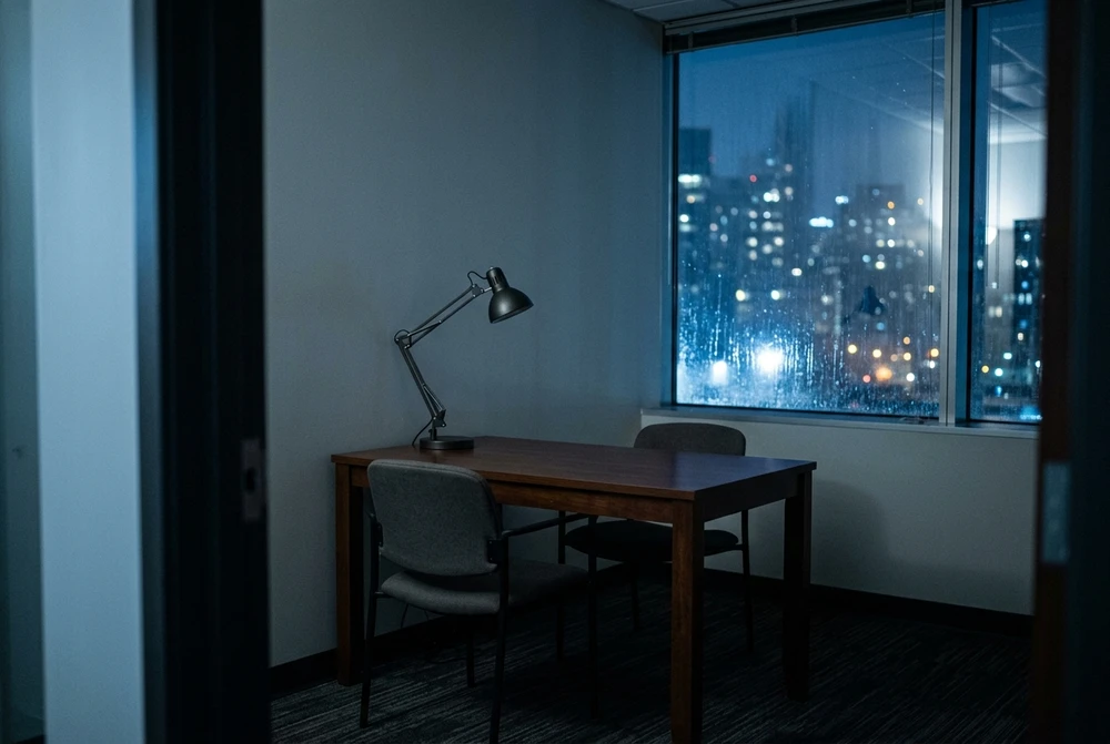 Consultation room in an Istanbul criminal defence practice at night