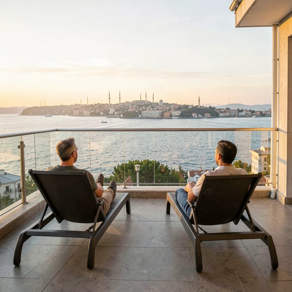 Two people on lounge chairs on a terrace overlooking the Bosphorus at golden hour