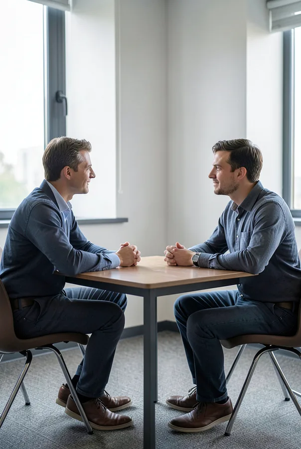 A lawyer and a client talking across a table in a quiet meeting room