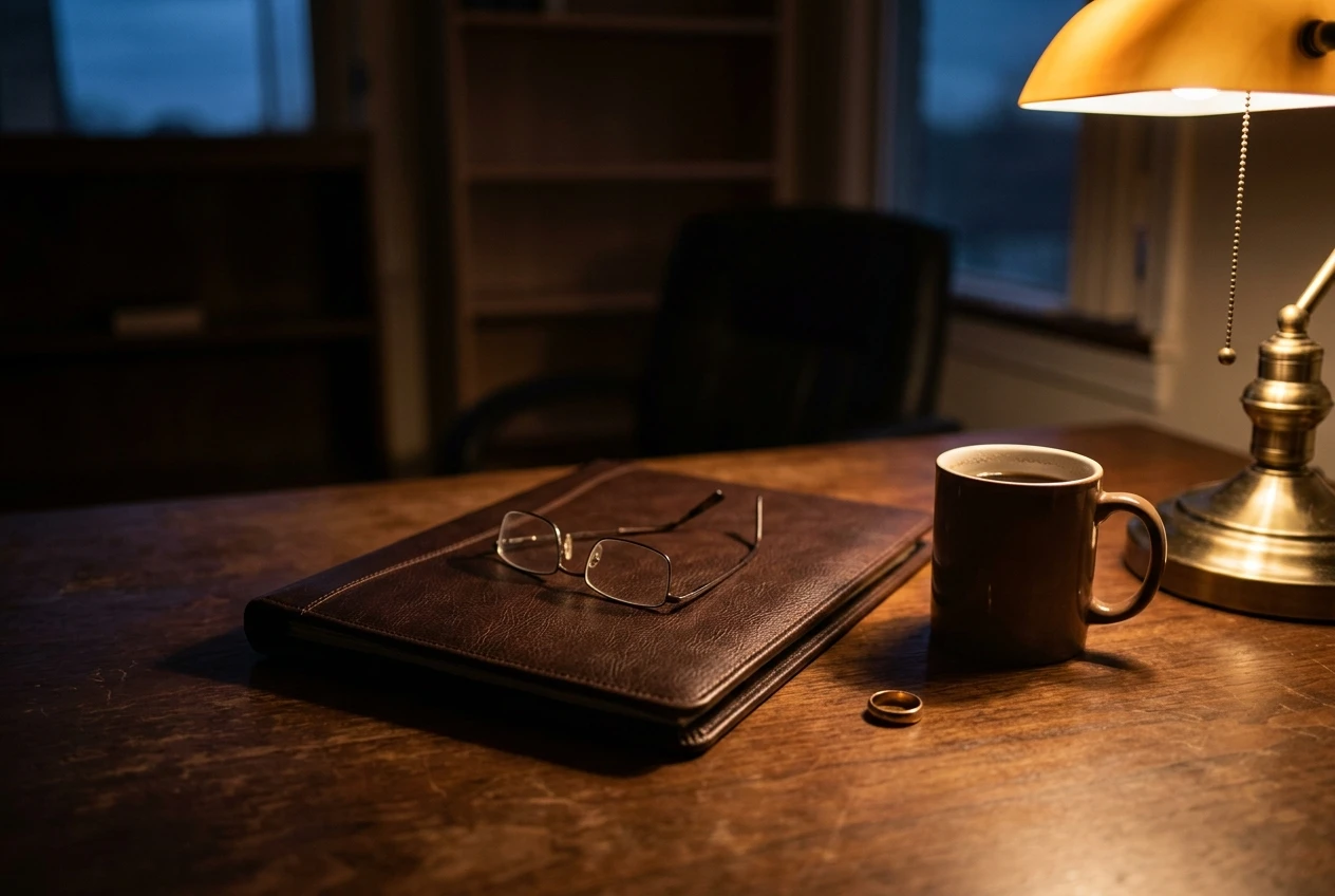 Reading glasses, a wedding ring and a coffee mug on a desk at night