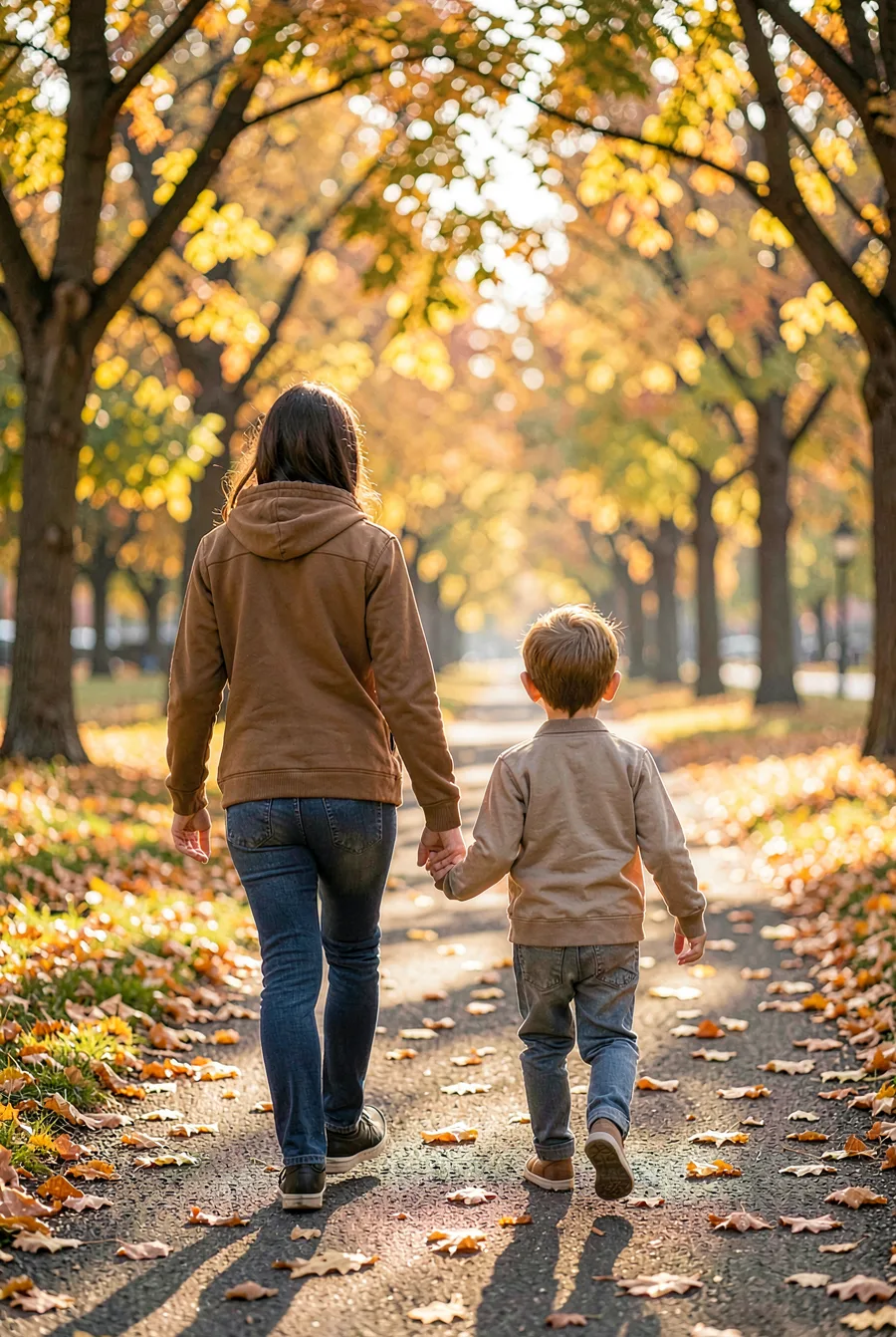 A parent and a young child walking hand in hand along a leafy park path in autumn