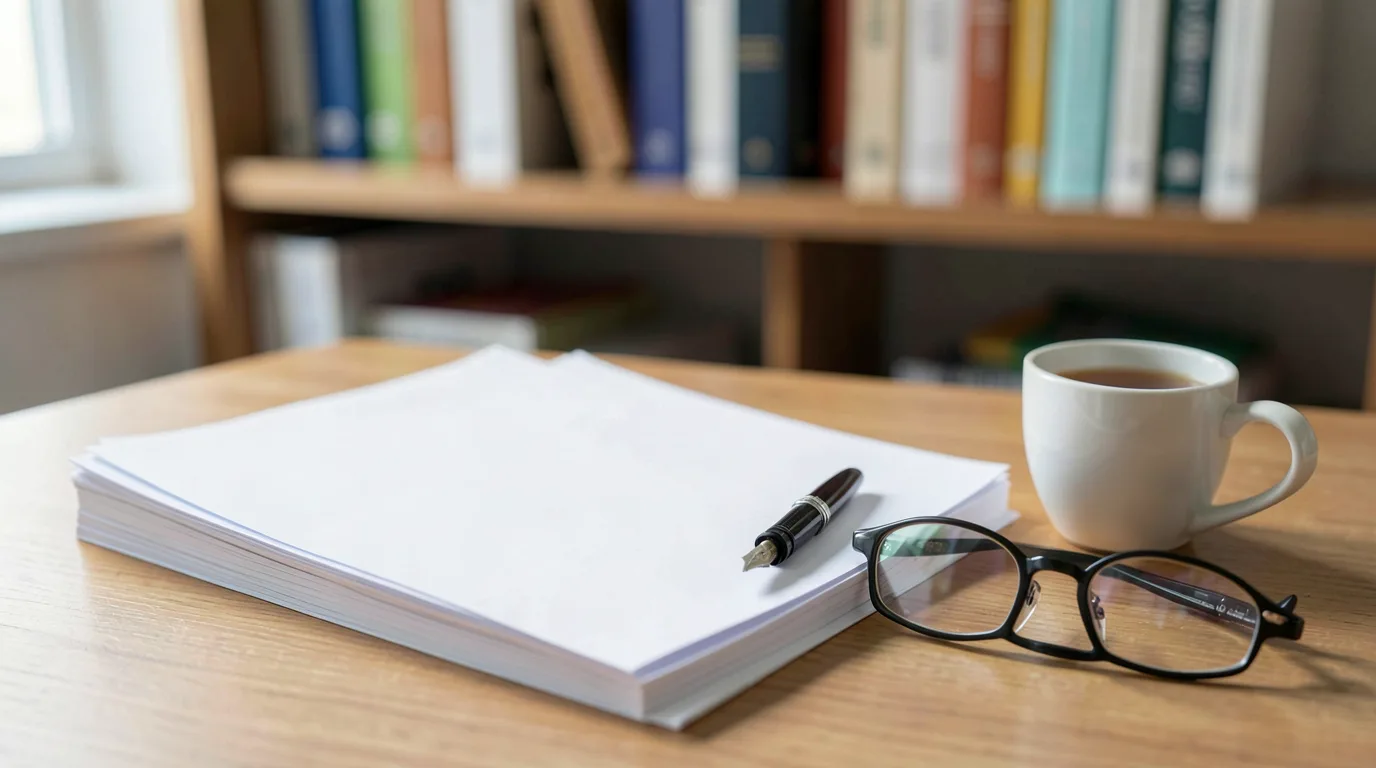 A wooden desk with a stack of blank papers, a fountain pen, reading glasses and a cup of tea